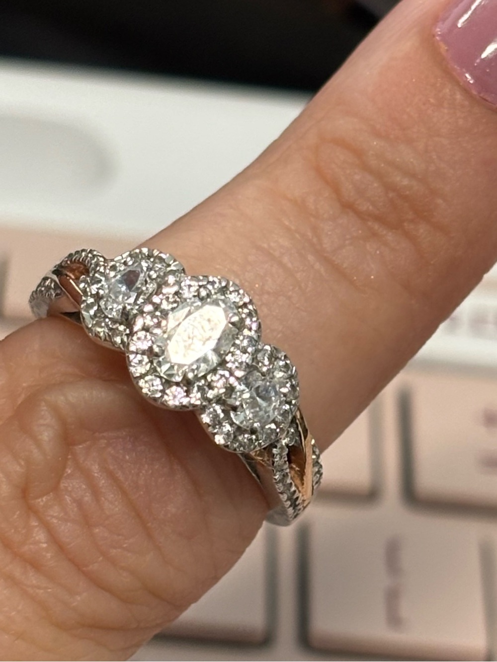 3-Stone Oval Lab Grown Diamond Halo Ring in White and Rose Gold Vera Love Sz 7.5